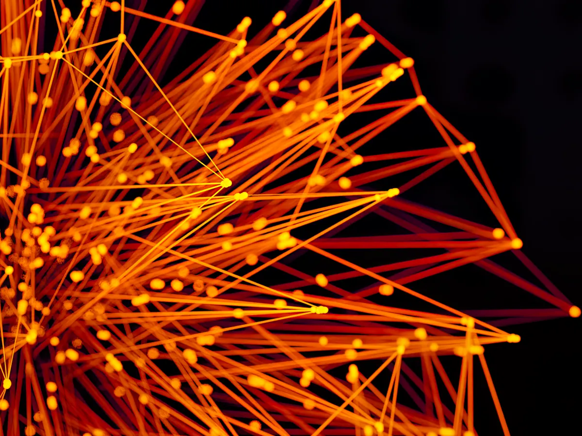 Abstract network of glowing orange nodes connected by lines on a dark background, representing link building services