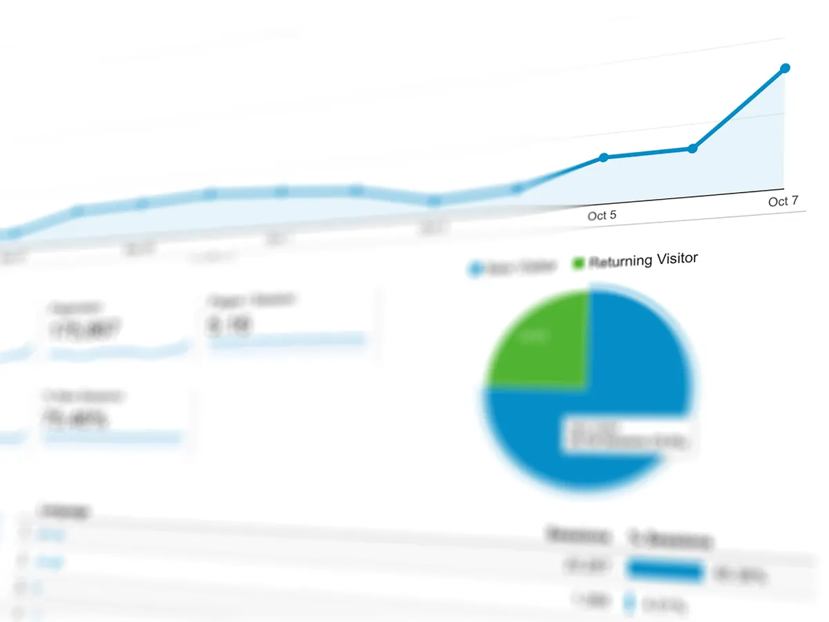 SEO rankings report: close-up of an analytics line chart on a screen trending steadily upward